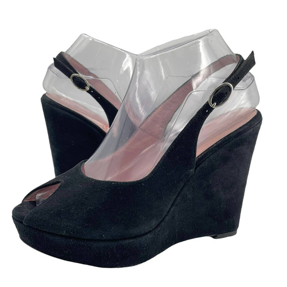 Vintage Davos Gomma Platform Wedge Heels Slingback Peep Toe Black Suede NEW 7.5 - Picture 1 of 11